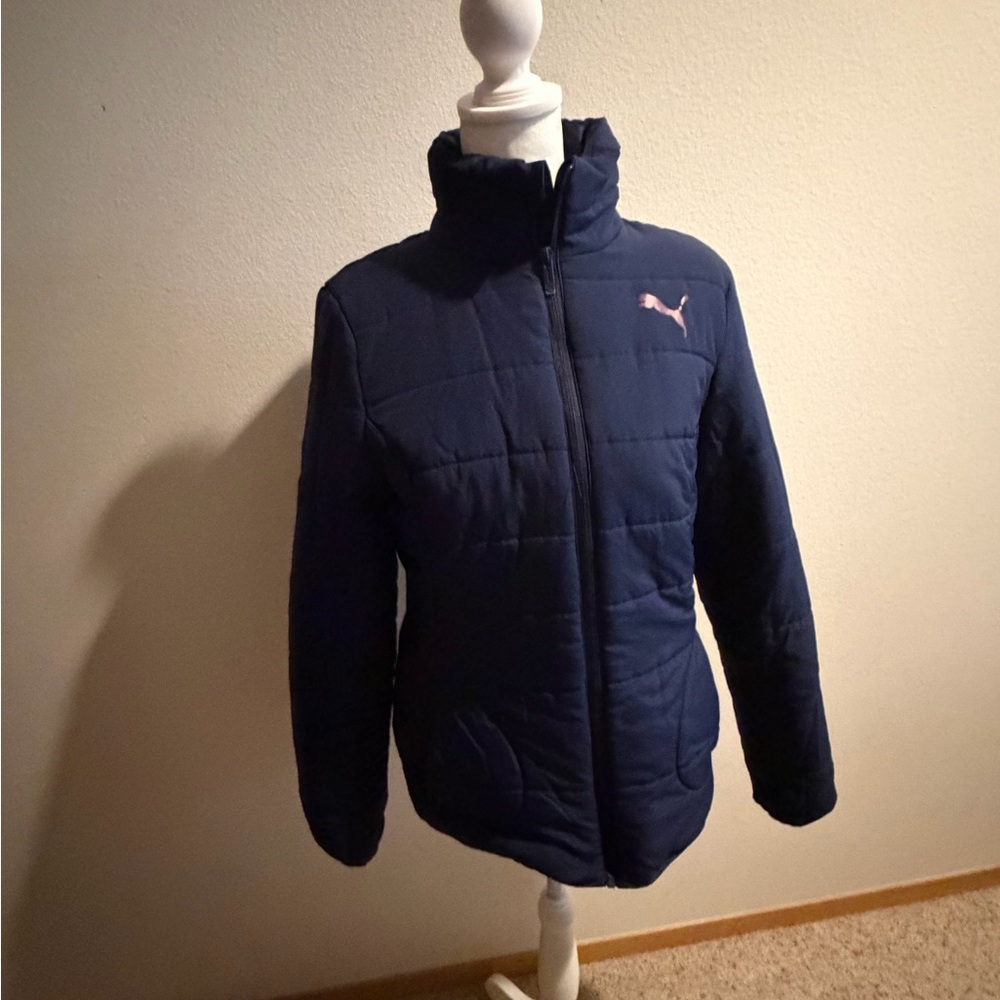 Puma Navy Quilted Women's Puffer Jacket with Pink Logo